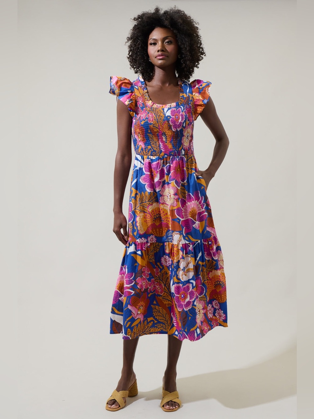 Sugarlips Eveline Floral Giza Glare Smock Tiered Midi Dress